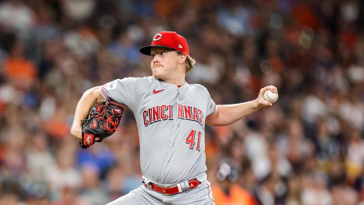 Andrew Abbott delivers a pitch during the Cincinnati Reds vs. Houston Astros MLB game at Minute Maid Park.